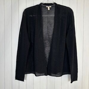 Eileen Fisher size M black cardigan 100% wool open knit sheer open front